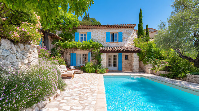 stone holiday home in provence with bright blue shutters and terracotta roof. private swimming pool with sun loungers set in rich garden. perfect for summer vacation rentals and luxury travel escapes.