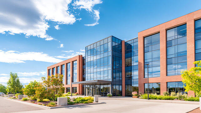 modern medical office building exterior. brick corporate facility for headquarters. pro workplace environment, health care clinic. clean, contemporary architecture, inviting medical center for