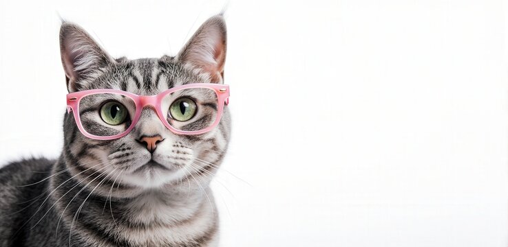 Adorable tabby cat wearing pink glasses against a white background - Powered by Adobe