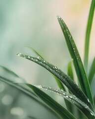 Fototapeta premium Close up of green grass blades with dew drops in soft focus background