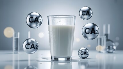 Glass of milk with floating calcium CA2 molecules showing nutritional benefits and bone health