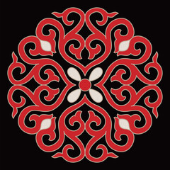 An intricate red circular pattern features elegant symmetrical scrollwork and a flower.