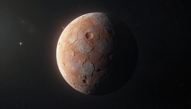 3D render of fictional planet Ceres in deep space, lit by distant star. Surface shows craters and cracked dry texture. Vast cosmos with faint starfield creates mysterious, extraterrestrial atmosphere.
