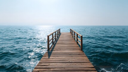 Obraz premium Tranquil wooden pier extending into a vast expanse of deep blue water under a serene, bright sky.