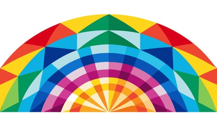 Fototapeta premium Vibrant geometric rainbow arc crafted from colorful triangles and squares, symbolizing diversity, joy, spectrum, inclusion, and digital mosaic design. Ideal for backgrounds and pride themes.