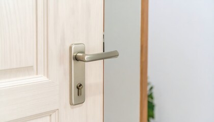 Light beige door ajar, handle and lock visible