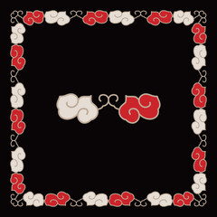 Red and cream stylized clouds form an elegant decorative frame with central elements.