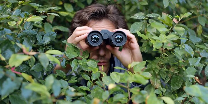 Peeping tom with binoculars is hiding in a bush and stalking someone - stalker, surveillance, and creeper watching concept
