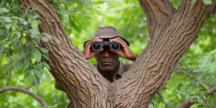 Peeping tom with binoculars is hiding in a tree and stalking someone - stalker, surveillance, and creeper watching concept