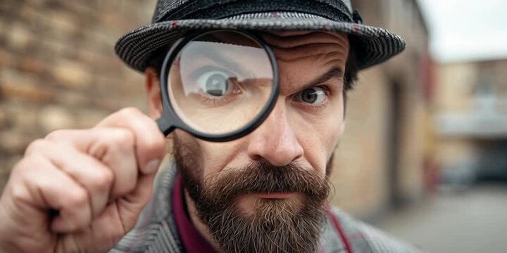 Scavenger hunt concept with an amateur gumshoe sleuthing for clues and evidence outside. detective searching with magnifying glass