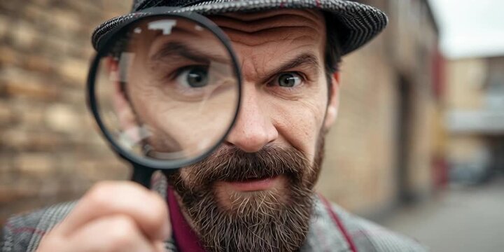 Scavenger hunt concept with an amateur gumshoe sleuthing for clues and evidence outside. detective searching with magnifying glass