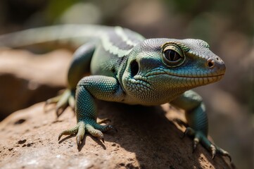 Naklejka premium A vibrant green lizard perched on a rock, showcasing its detailed scales and striking eyes.