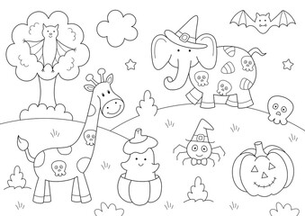 A4 size colouring page, halloween animals. ready to print on standard A4 paper	