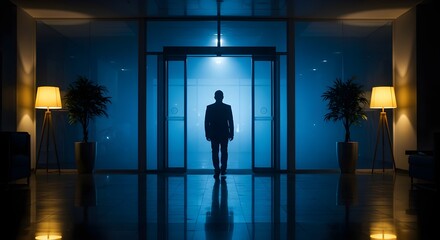 Silhouette of man walks out door in office. Business person leaves, goes away in suit. Symbolizes employment termination, resignation, career change, job loss, end of work project.