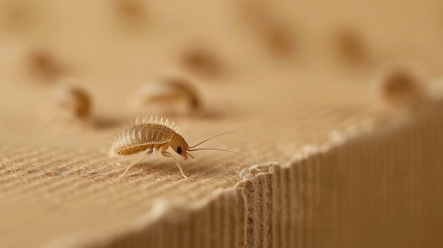Tiny amphipod crustacean crawling on a textured surface