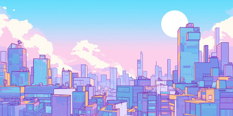 紫と水色を主体にした淡い色彩で描かれた高層ビルと都市の景観が印象的な1980年代風レトロポップイラスト。太陽と雲の組み合わせが空の広がりを演出し、素材として背景やポスター、広告などにも利用可能な抽象的かつシンプルな線画調アート作品。