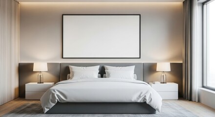 Modern bedroom with large blank frame above bed and elegant minimalist interior design