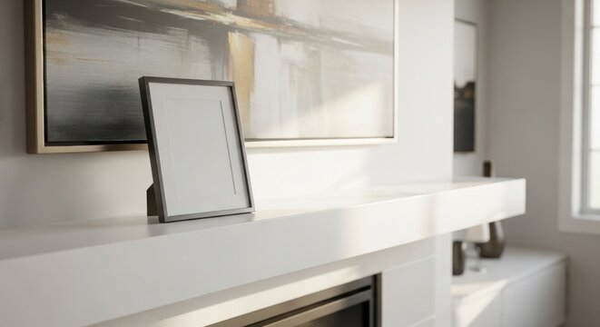 Modern frame mockup on white shelf with sunlight in minimalist interior design - Powered by Adobe