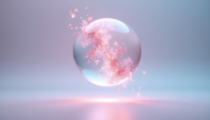 Transparent orb with pastel fractal glow on gradient background, dreamy still life for calm and joyful atmosphere in art and design projects