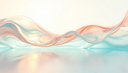 Abstract liquid glass wave reflecting pastel aqua and peach, surreal still life with calm and joyful mood for design and decoration projects