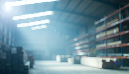 Obraz premium Blurred warehouse interior with shelves and boxes illuminated by sunlight, creating geometric patterns of storage lines and a glowing industrial atmosphere.