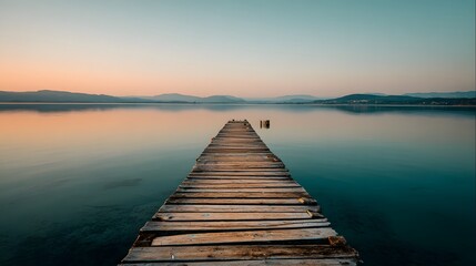 Obraz premium A tranquil wooden pier extends into a calm lake at sunrise, showcasing a serene and peaceful atmosphere.