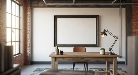 Industrial office interior with wooden desk, blank frame mockup and modern workspace decor