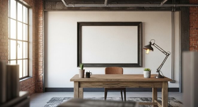 Industrial office interior with wooden desk, blank frame mockup and modern workspace decor