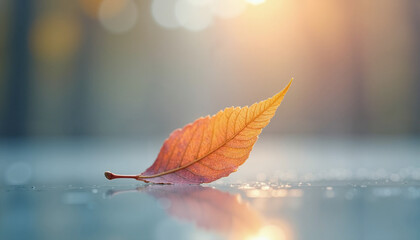 Transparent glowing autumn leaf with pastel light reflection, surreal still life artwork for calm and joyful atmosphere