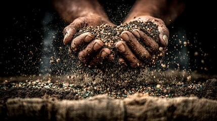 A pair of hands holding a handful of soil with various colors and textures, set against a dark background.