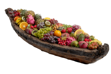 Assortment of Fresh Colorful Fruits in Rustic Wooden Boat Display on Transparent Background, PNG