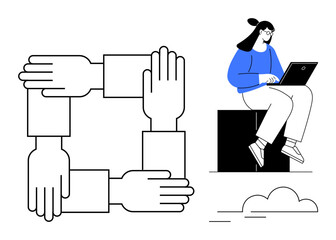 Interlocked hands symbolize teamwork and unity. Woman working on a laptop highlights remote work. Ideal for collaboration, remote work, community, diversity, technology, communication, support