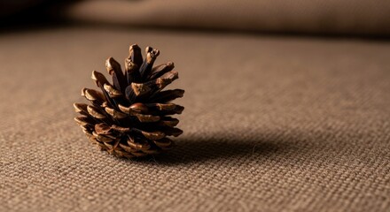 Detailed brown pine cone on a neutral fabric, highlighting textures and patterns in a simple still