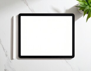 Tablet Mockup with Blank Screen and Stylus on White Marble Desk