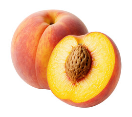 Fresh ripe whole peach and a half cut fruit with visible pit and juicy yellow pulp, Isolated on Transparent Background, PNG