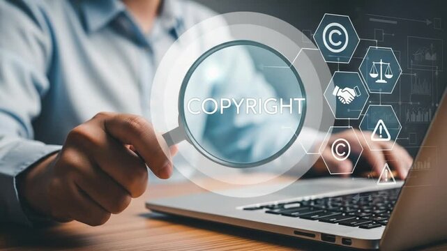 Person holding magnifying glass over copyright text near laptop and digital icons display