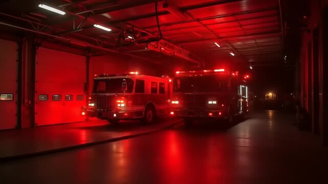 Two fire trucks parked in a dimly lit garage with red emergency lights illuminating the space