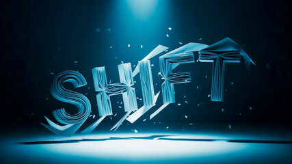 Shattered glass text "SHIFT" in blue digital style