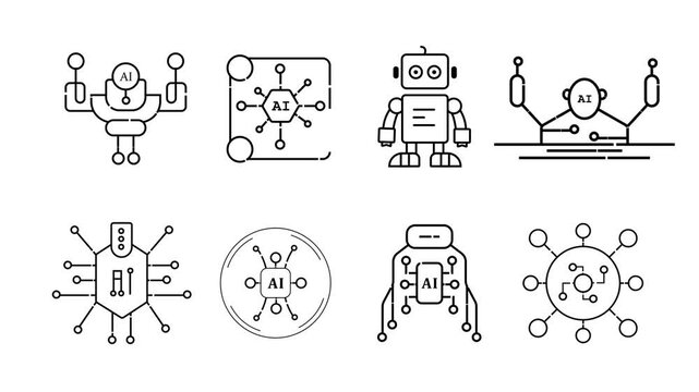 AI Technology Black Outline Icon Set Animation &ndash; Modern Artificial Intelligence Symbols Isolated in 4K Stock Video.