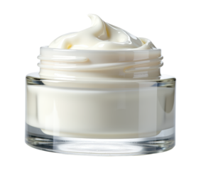 Open clear glass jar of beauty face cream with a creamy swirl texture. Isolated on Transparent Background, PNG