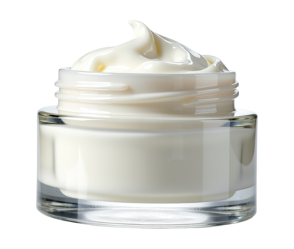 Open clear glass jar of beauty face cream with a creamy swirl texture. Isolated on Transparent Background, PNG