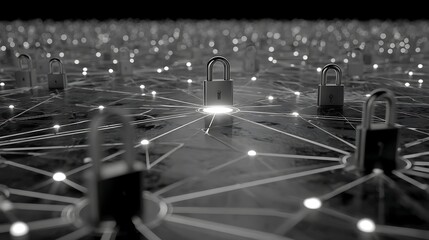 A network of interconnected padlocks on a dark surface, with a glowing spot in the center, representing a secure connection.
