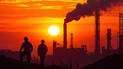 Naklejka premium Silhouette of workers at industrial site with sunset and smoke billowing from tall factory chimneys