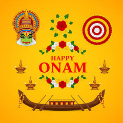 Happy Onam Festival Banner with Kathakali Mask, Pookalam, Traditional Oil Lamps, and a Vallam Kali Snake Boat on a Yellow Background