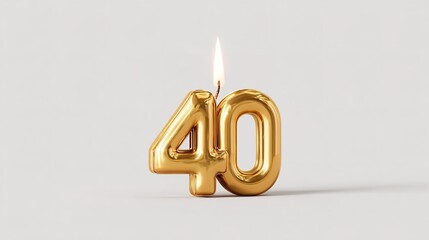 Golden Number Forty Candle Lit to Celebrate Milestone Birthday on Neutral Background