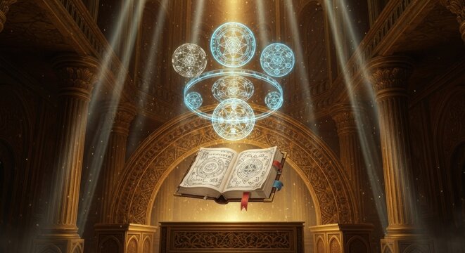 Mystical tome in grand hall illuminated by ethereal magic with architectural backdrop