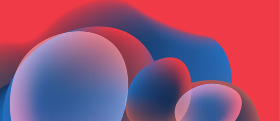 Abstract fluid shapes blend, creating vibrant red, blue hues. Smooth gradients suggest movement, depth. Minimalist design.