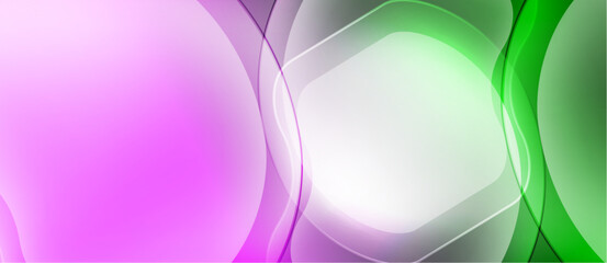 Abstract background features overlapping circles, gradients. Pink, green, white hues create smooth visual flow. Modern design element.