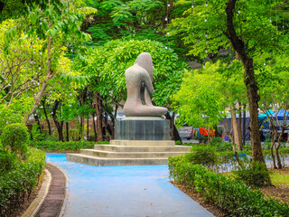 17 August 2025 beautiful green park with lush green trees and nice pathway on Chao Phraya River BKK Bangkok Thailand