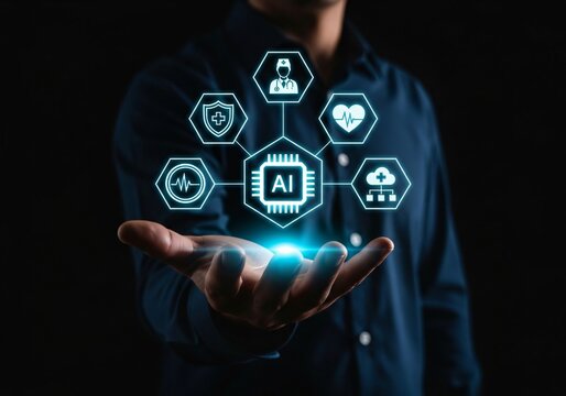 AI driven healthcare and medical technology concept. virtual interface AI-powered health care icons, symbolizing artificial intelligence in medical diagnosis, patient monitoring, and health innovation